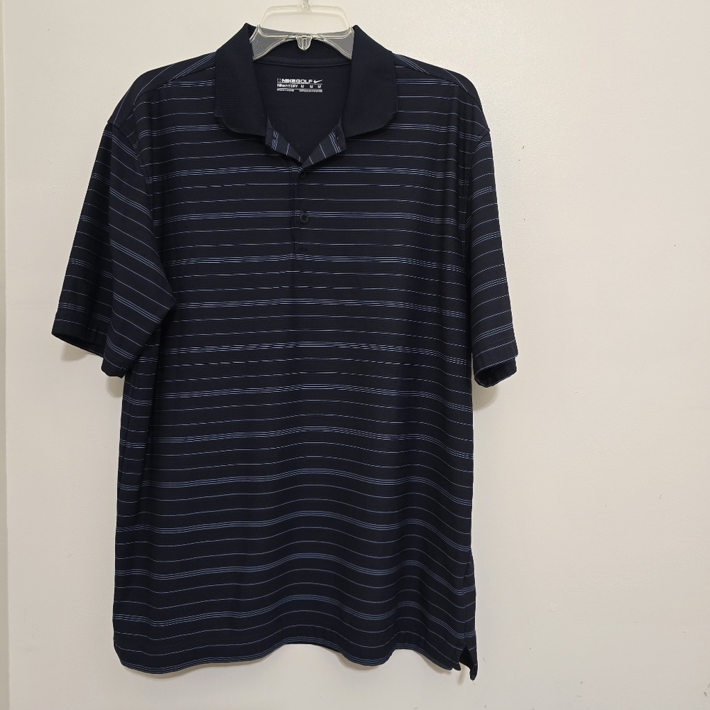NIKE‎ size Medium Striped Dri Fit Golf Polo Shirt Short Sleeves Navy